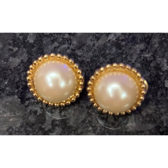 Vintage Monet Gold-Tone Clip-On Earrings With Faux Pearl Center & Beaded Trim - Picture 1 of 8
